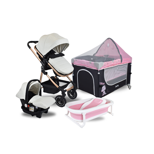 Combo Coche Moises Abby 3 en 1 Premium Baby Blanco + Cuna Corral Colecho Madison + Tina Wanda Happy Baby
