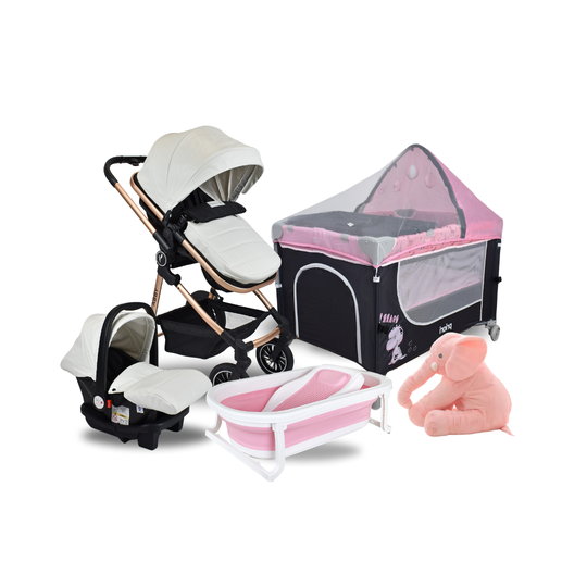 Combo Coche Moises Abby 3 en 1 Premium Baby Blanco + Cuna Corral Colecho Madison + Tina Wanda Happy Baby + Almohada Anti Reflujo Elefante