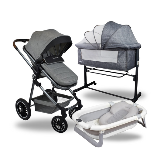 Combo Coche Moises Abby Premium Baby Gris + Cuna Colecho Side By Side + Tina Lee Priori Gris