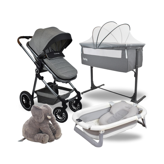 Combo Coche Moises Abby Premium Baby Gris + Cuna Colecho Golf + Tina Lee Priori Gris + Almohada Anti Reflujo Elefante