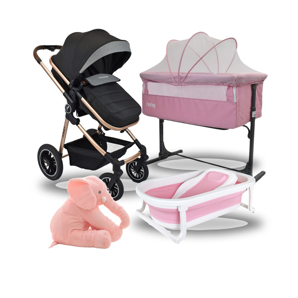 Combo Baby Esencial Colecho: Coche Moises Abby Premium Baby + Cuna Colecho Golf + Tina Wanda Happy Baby + Almohada Anti Reflujo Elefante