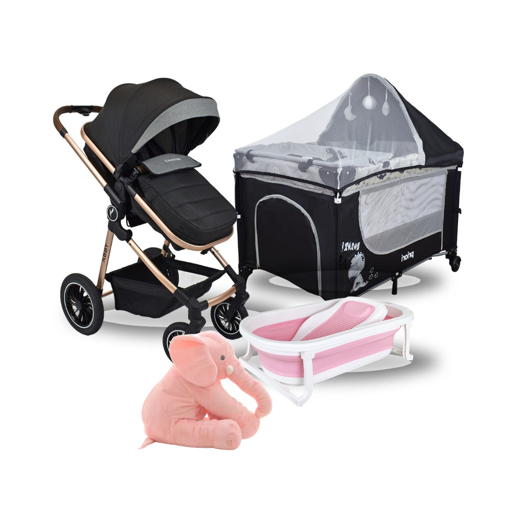 Combo Baby Esencial Corral: Coche Moises Abby Premium Baby + Cuna Corral Colecho Madison + Tina Wanda Happy Baby + Almohada Anti Reflujo Elefante