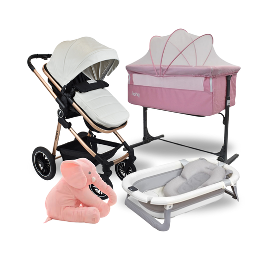 Combo Coche Moises Abby Premium Baby Blanco + Cuna Colecho Golf + Tina Lee Priori Rosa + Almohada Anti Reflujo Elefante