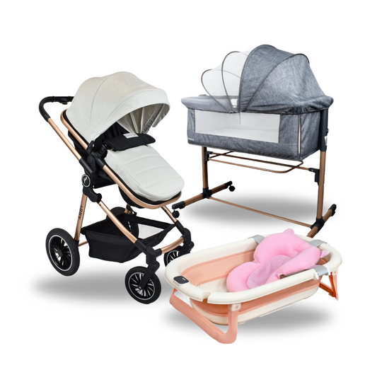 Combo Coche Moises Abby Premium Baby Blanco + Cuna Colecho Side By Side + Tina Lee Priori Rosa