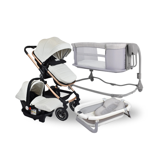 Combo Coche Moises Abby 3 en 1 Premium Baby Blanco + Cuna Colecho Eléctrica de Lujo + Tina Lee Priori Gris