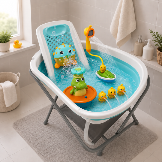 Combo Splash 2.0 Tina Plegable Wanda Happy Baby+ Soporte Para Tina + Ducha Eléctrica + Pez De Burbujas Musical + Cocodrilo Rociador
