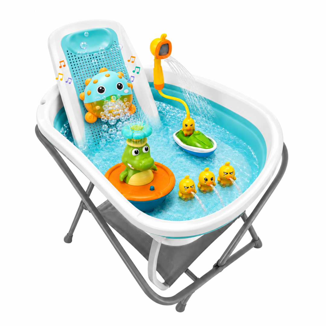 Combo Splash 2.0 Tina Plegable Wanda Happy Baby+ Soporte Para Tina + Ducha Eléctrica + Pez De Burbujas Musical + Cocodrilo Rociador