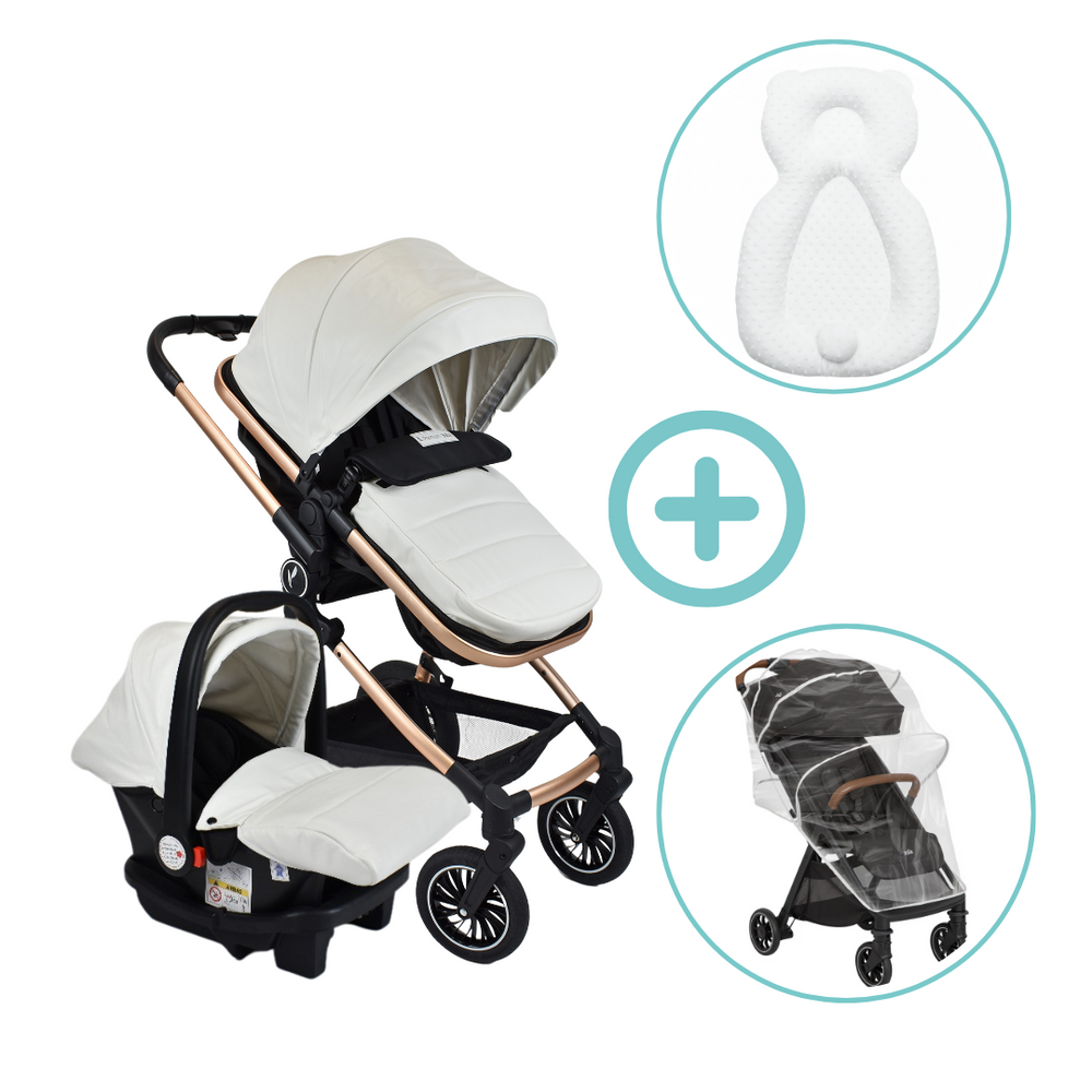 Combo Coche Moises Abby 3 en 1 Premium Baby + Forro Lluvia Y Almohada Estabilizadora