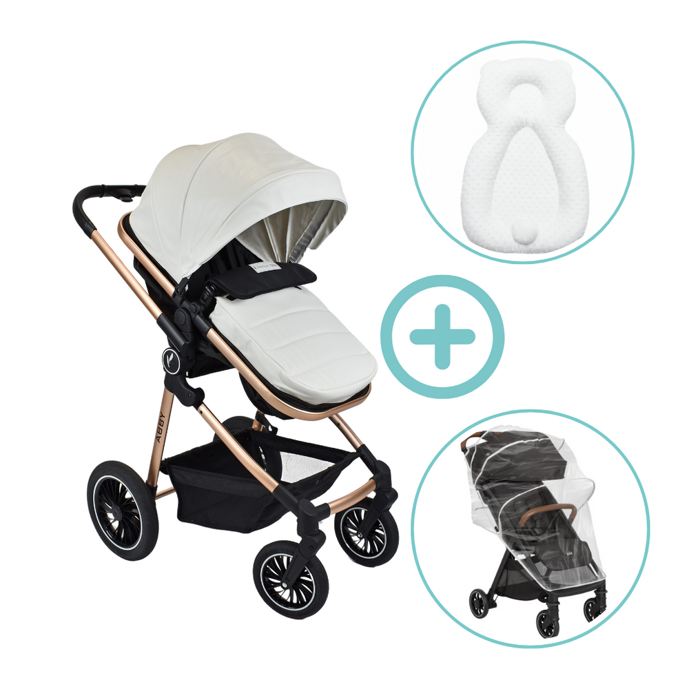 Combo Coche Moises Abby Premium Baby + Forro Lluvia Y Almohada Estabilizadora