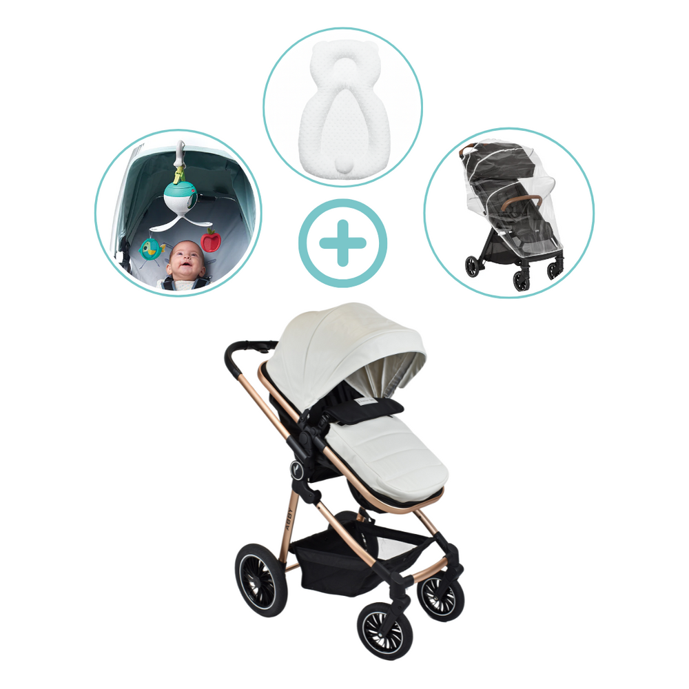 Combo Coche Moises Abby Premium Baby + Forro Lluvia + Almohada Estabilizadora + Movil