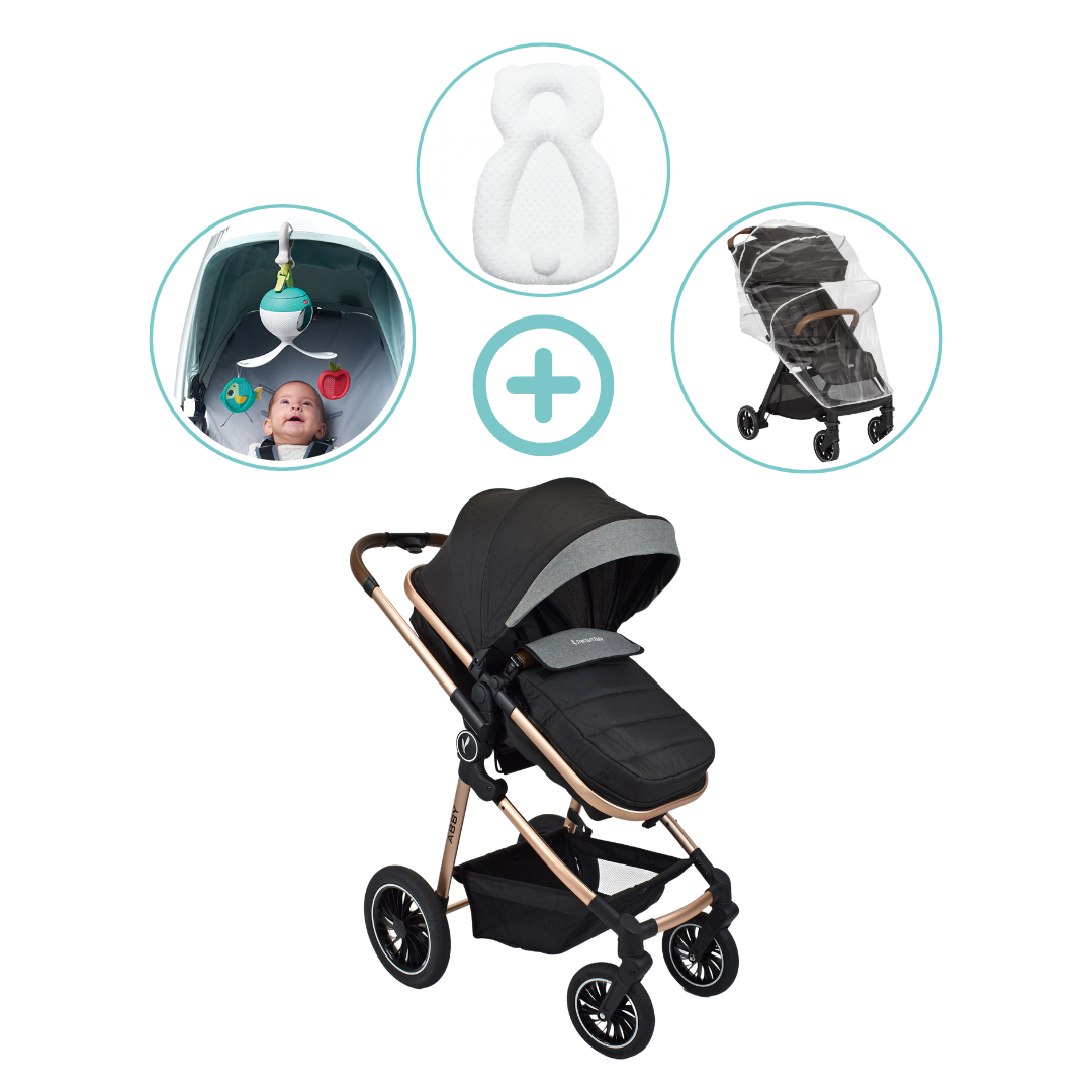Combo Coche Moises Abby Premium Baby + Forro Lluvia + Almohada Estabilizadora + Movil