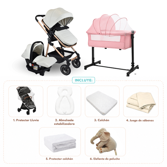 Combo Newborn Coche Moises 3 En 1 Abby Premium Baby + Cuna Colecho Cid + Complementos