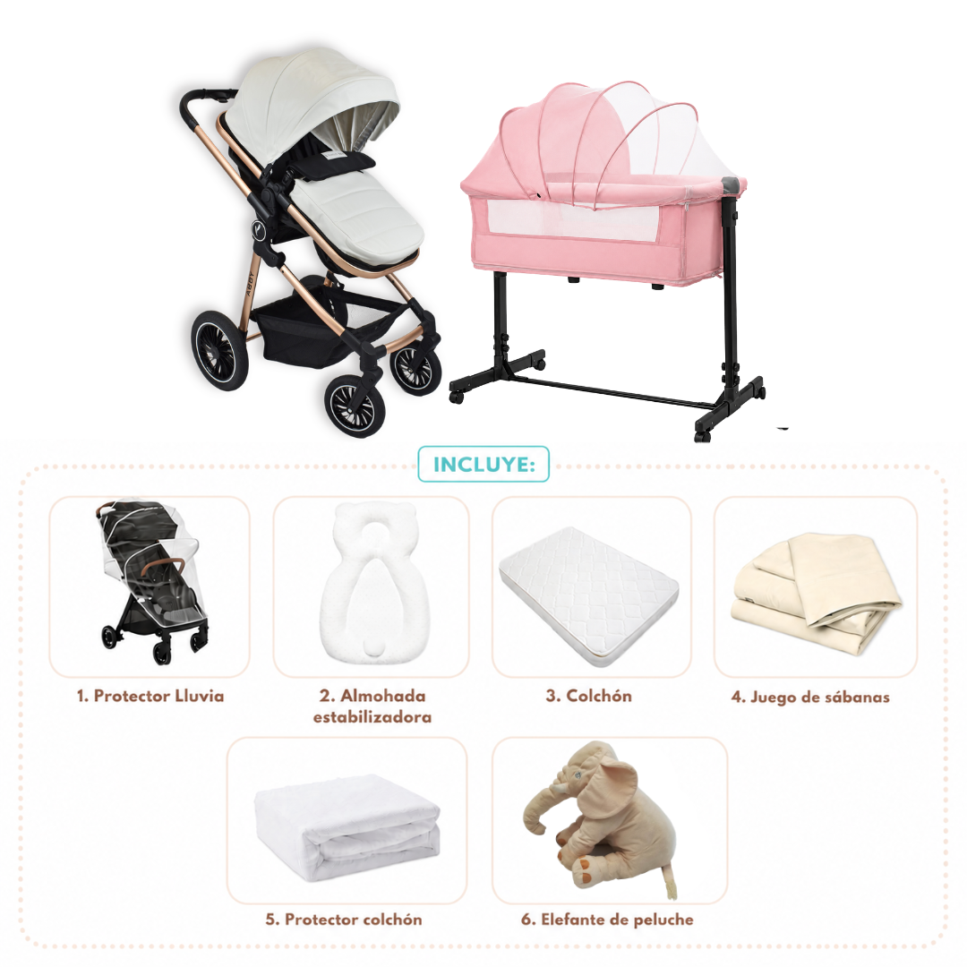 Combo Newborn Coche Moises Abby Premium Baby + Cuna Colecho Cid + Complementos