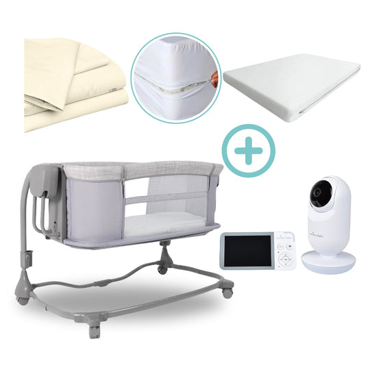 Cuna Colecho Eléctrica de Lujo Polo Priori + Monitor de Audio y Video Nova Pro Premium Baby + Sabanas + Forro Para Colchon + Colchon