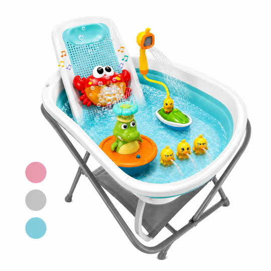 Combo Splash 2.0 Tina Plegable Wanda Happy Baby+ Soporte Para Tina + Ducha Eléctrica + Cangrejo De Burbujas Musical + Cocodrilo Rociador