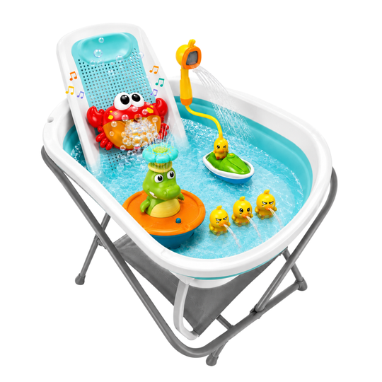 Combo Splash 2.0 Tina Plegable Wanda Happy Baby+ Soporte Para Tina + Ducha Eléctrica + Cangrejo De Burbujas Musical + Cocodrilo Rociador