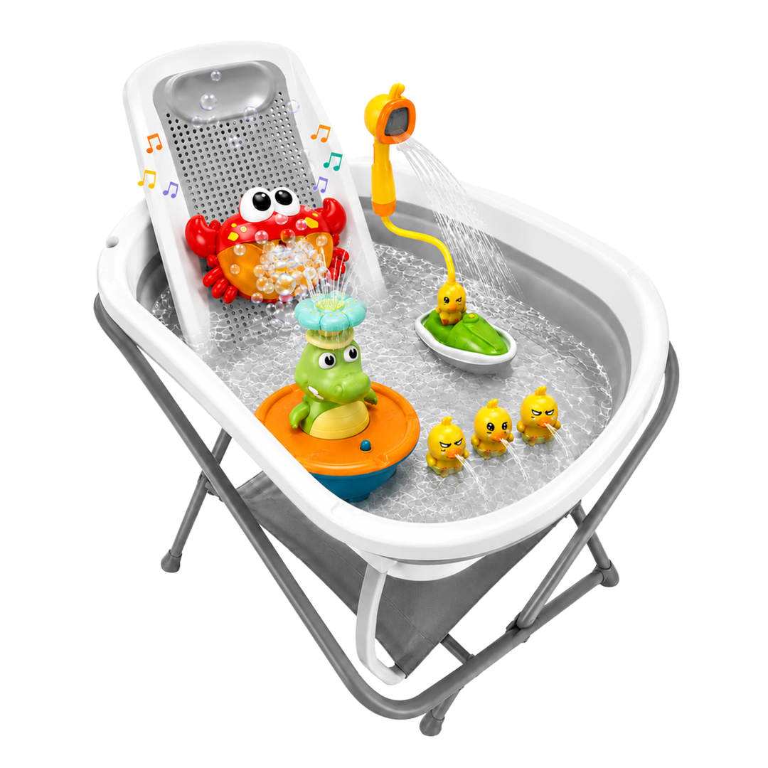 Combo Splash 2.0 Tina Plegable Wanda Happy Baby+ Soporte Para Tina + Ducha Eléctrica + Cangrejo De Burbujas Musical + Cocodrilo Rociador