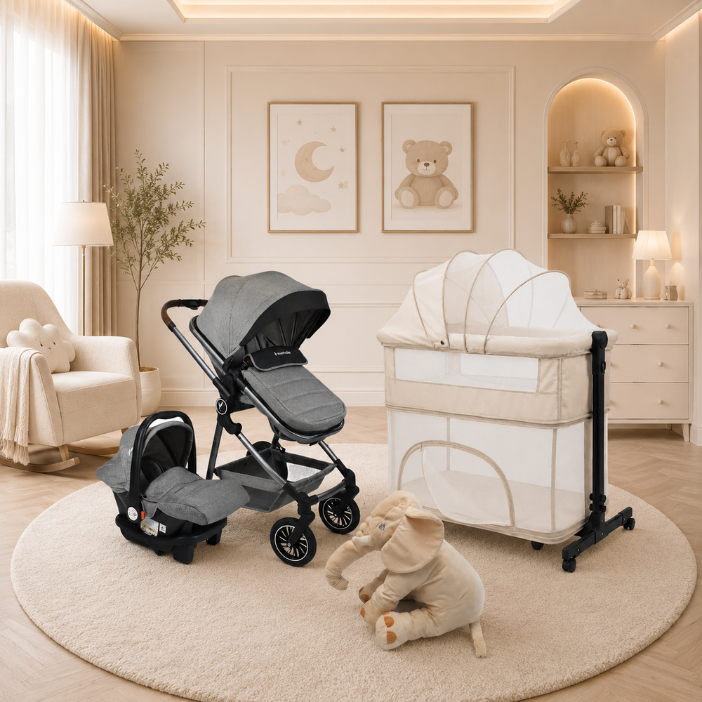Combo Newborn Coche Moises 3 En 1 Abby Premium Baby + Cuna Colecho Cid + Complementos