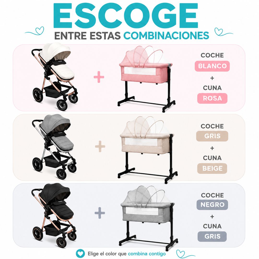 Combo Newborn Coche Moises 3 En 1 Abby Premium Baby + Cuna Colecho Cid + Complementos