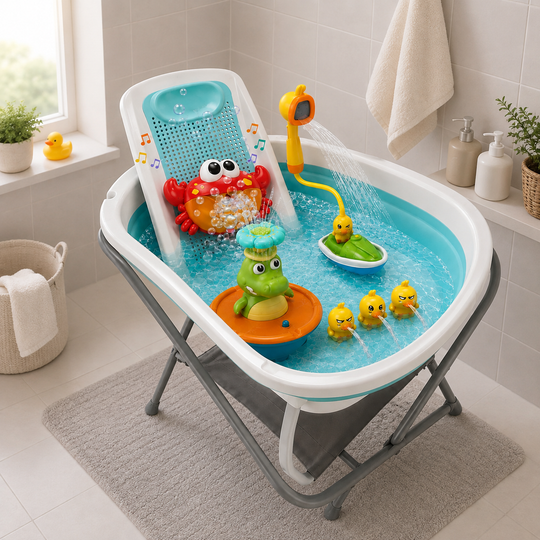 Combo Splash 2.0 Tina Plegable Wanda Happy Baby+ Soporte Para Tina + Ducha Eléctrica + Cangrejo De Burbujas Musical + Cocodrilo Rociador