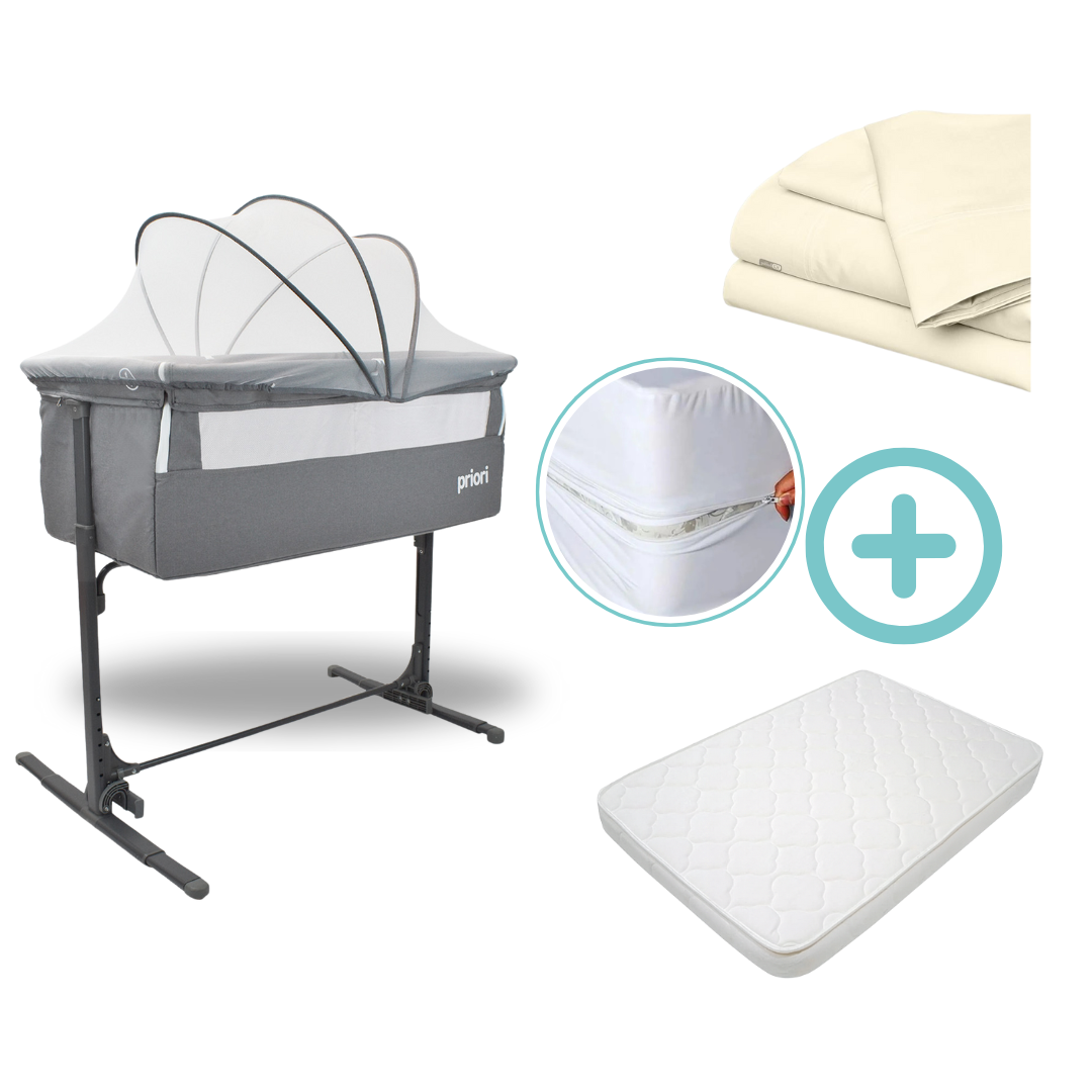 Combo Cuna Colecho Golf Priori + Colchón + Forro Antifluido + Sábanas Beige Cloudbaby