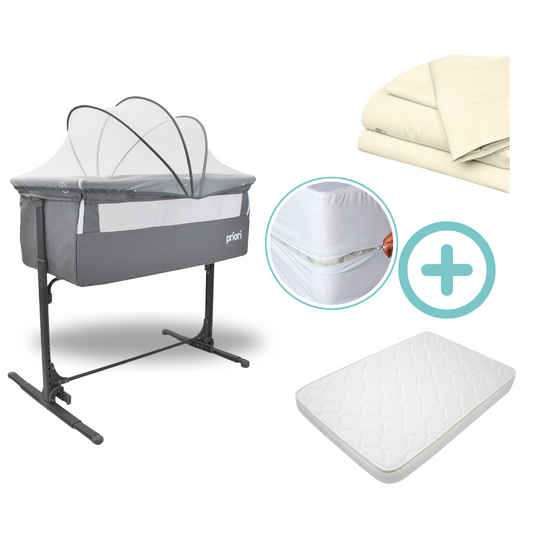 Combo Cuna Colecho Golf Priori + Colchón + Forro Antifluido + Sábanas Beige Cloudbaby