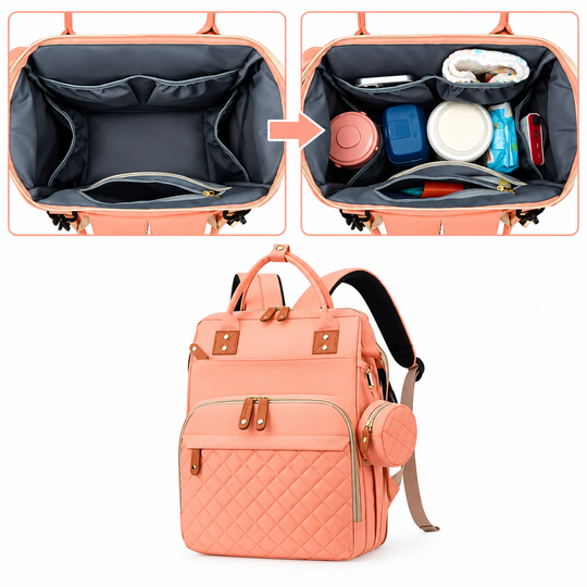 Pañalera Cambiador Tipo Morral 2 En 1 + Bolsito Lux Salmón