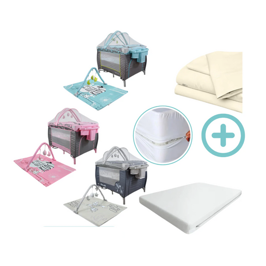 Combo Cuna Corral Miami Happy Baby + Colchón + Forro Antifluido + Sábanas Beige Cloudbaby