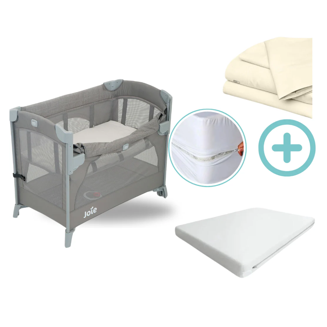 Combo Corral Cuna Colecho Kubbie Baby Joie + Colchón + Forro Antifluido + Sábanas Beige Cloudbaby