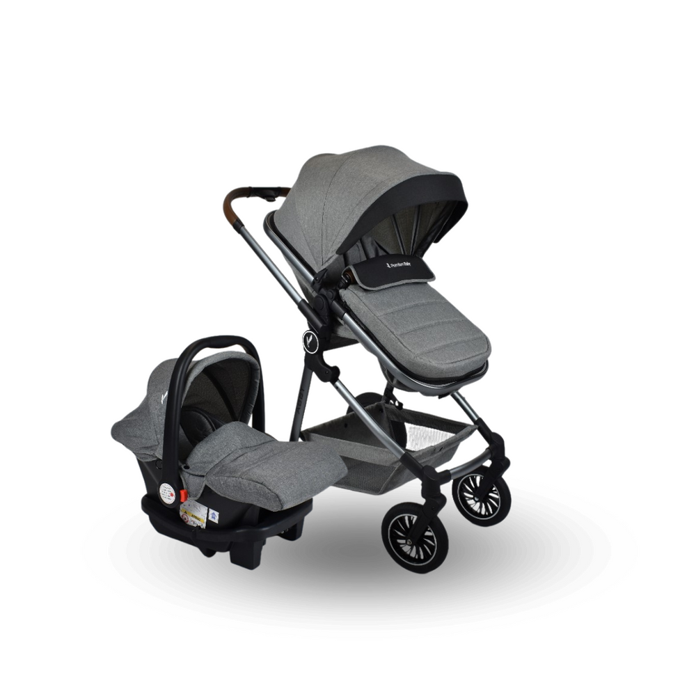 Combo Baby Esencial: Coche Moises 3 En 1 Abby Premium Baby Gris + Cuna Corral Colecho Madison Azul + Tina Wanda Happy Baby Azul + Almohada Anti Reflujo Elefante