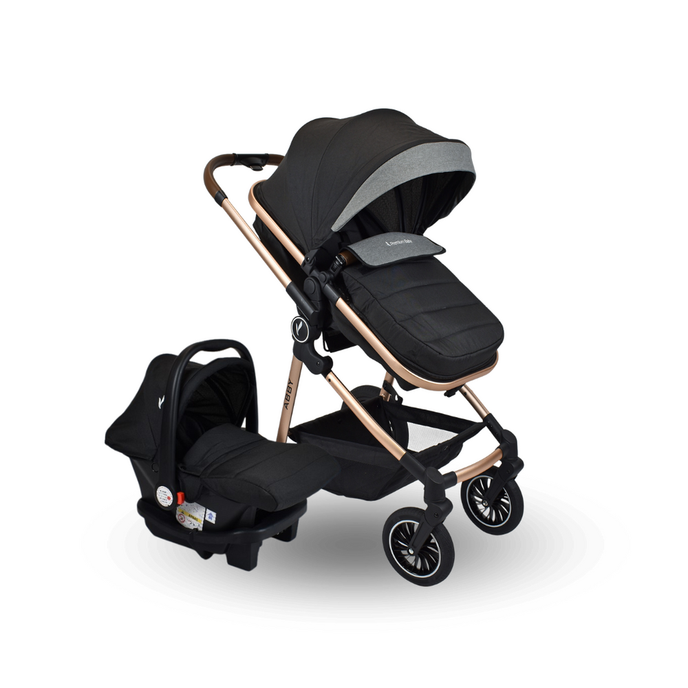 Combo Baby Esencial: Coche Moises 3 En 1 Abby Premium Baby Negro + Cuna Corral Colecho Madison Negro + Tina Wanda Happy Baby Rosa+ Almohada Anti Reflujo Elefante